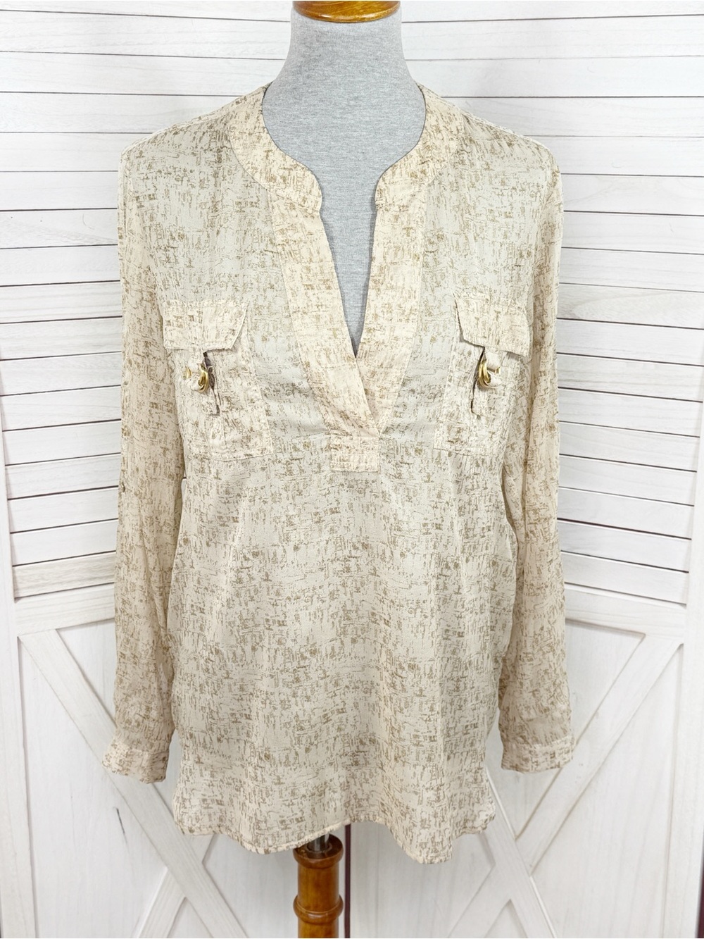 Diane Von Furstenberg Danielle Silk Chiffon Sheer Cork Print Blouse Cream Gold 6